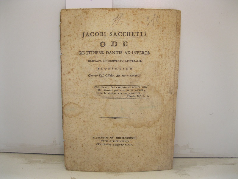 Ode de itinere Dantis ad inferos recitata in conventu litterario florentino quarto cal. Octobr. An. MDCCLXXXXVI